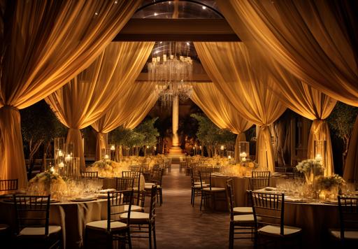 centerpieces and dinners are hanging among the ceiling of an elegant wedding reception hall, in the style of golden hues, textural harmony, phoenician art, light brown and yellow, art deco sensibilities, soft, blended brushstrokes, muted colors, bold yet graceful --ar 13:9