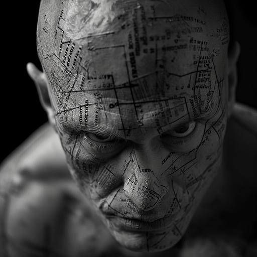 centred head shot portrait of a bald man staring deeply into camera, his skin is branded with detailed computer code and schematic diagrams, cauterized, prison tattoos, metropolis, experimental black and white portrait photography, Man Ray --v 6.0
