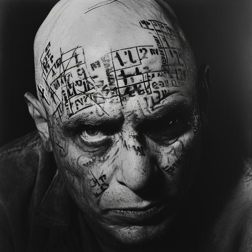 centred head shot portrait of a bald man staring deeply into camera, his skin is branded all over his head and face with numbers, cauterized, prison tattoos, metropolis, experimental black and white portrait photography, Man Ray --v 6.0
