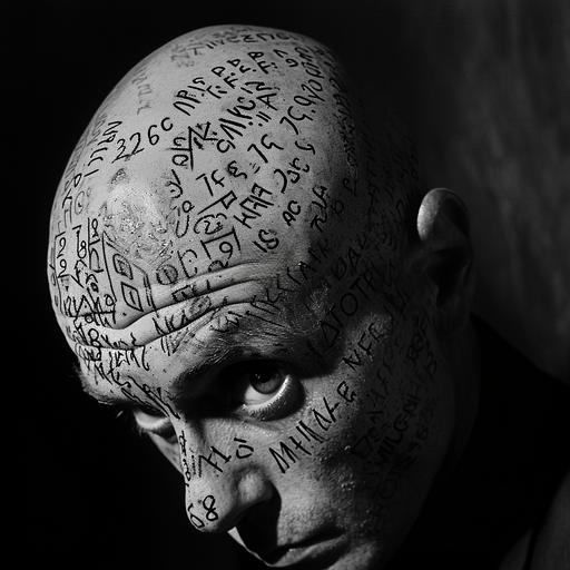 centred head shot portrait of a bald man staring deeply into camera, his skin is branded all over his head and face with numbers, cauterized, prison tattoos, metropolis, experimental black and white portrait photography, Man Ray --v 6.0