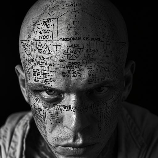 centred head shot portrait of a bald man staring deeply into camera, his skin is branded with detailed computer code and schematic diagrams, cauterized, prison tattoos, metropolis, experimental black and white portrait photography, Man Ray --v 6.0