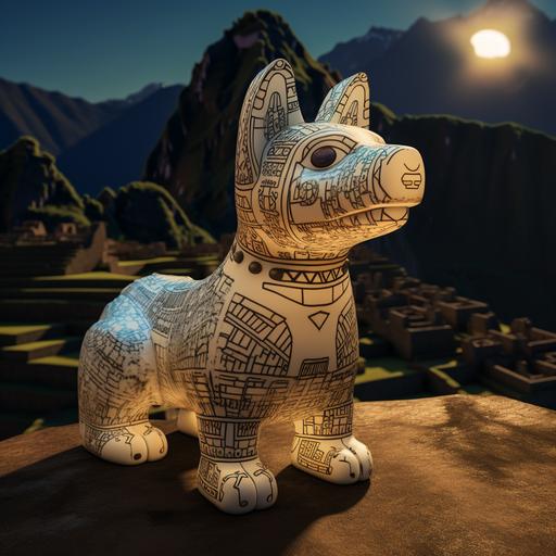 ceramic dog at Machu Picchu, f1.2, Incan aircraft, Incan motifs, quipu collar on ceramic dog, night scene, strong moonlight, ray tracing, realistic, smooth gradients, high contrast