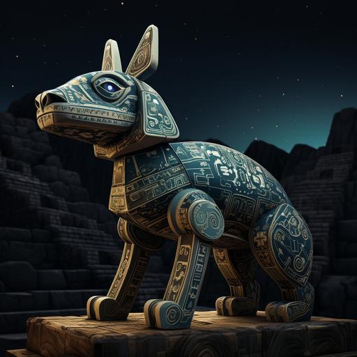 ceramic dog at Machu Picchu, f1.2, Incan aircraft, Incan motifs, quipu collar on ceramic dog, night scene, strong moonlight, ray tracing, realistic, smooth gradients, high contrast