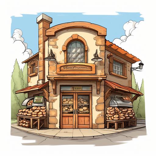 Architectural rendering of a local bakery, natural Colors, sourdough breads, wood fire oven , healthy, gourmet , cartoon style