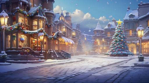 Snowy Christmas downtown, medieval fantasy, Christmas tree, Christmas lights, cartoon style, deserted, --ar 16:9