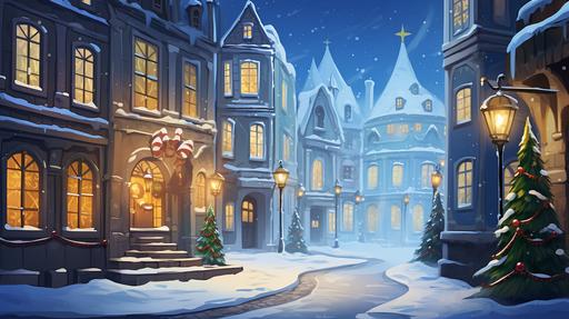 Snowy Christmas downtown, medieval fantasy, Christmas tree, Christmas lights, cartoon style, deserted, --ar 16:9