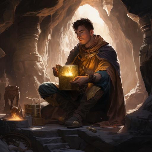 a lone adventurer in a fantasy rpg opening a treasure chest and there is a radiant golden boba tea inside, D&D, dungeon