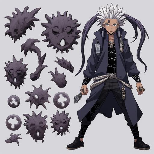 chalcedony jujutsu kaisen art style, black teen, white-eyed with star-shaped gray irises, charcoal free-form dreads styled in a 5-point star with braided ends and gray beads, brown skin with round eyes and an x scar on the root of the nose, rectangle body build, wearing a business-core outfit resembling Chainsaw Man uniforms: light gray Oxford shirt, black tie, slim cargo pants, and white high-top sneakers.