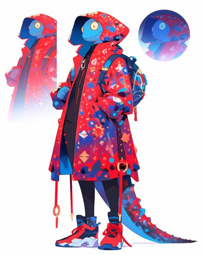 chameleon the handsome loitering ghost in vibrant cyan and vivid red color stars and moon and mars design pattern, fashion design sketch --s 250 --niji 5 --ar 4:5