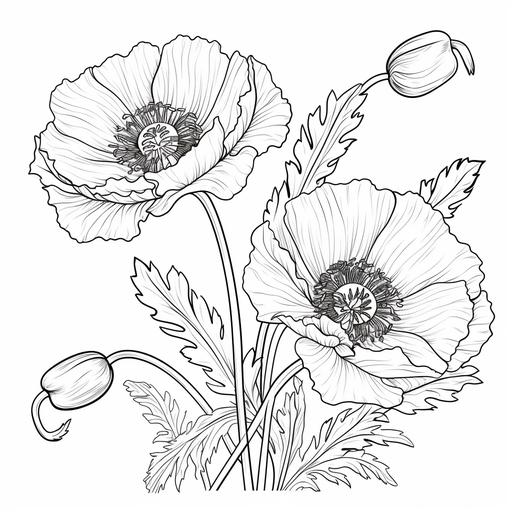 POPPY line art, background, vector, svg, coloring book page style, black outline on white background