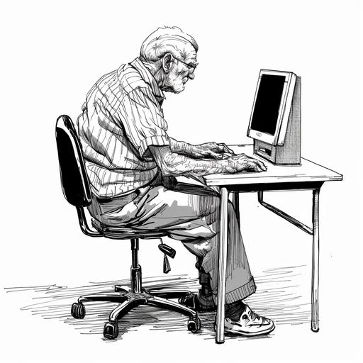 change perspective more profile, man with old computer in a desk, complete frame with legs and feet full chair with wheels, cartoon style, black and white, line, with contrast like comic illustrations, simple --v 6.0