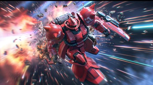 char aznable sazabi mech from gundam char’s counterattack in high-speed combat low angle, speeding through space colony, debris flying. Vibrant colors, photography, lens flare --ar 16:9 --v 6.0