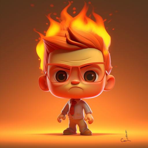 character, 3D, chibi bighead cute, (humanized fire), Pixar style, (fire boy), (square glasses), (square glasses) in the face, (angry), boss, cartoon, (3D cartoon) --upbeta --s 750 --v 5