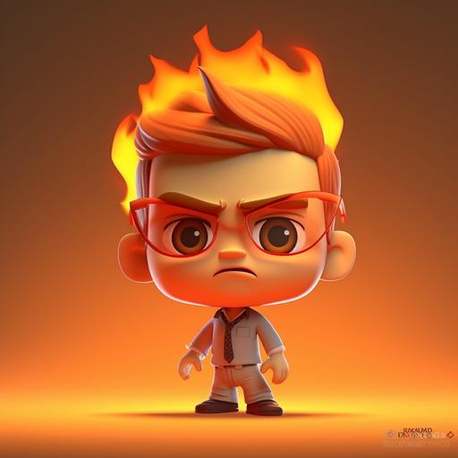 character, 3D, chibi bighead cute, (humanized fire), Pixar style, (fire boy), (square glasses), (square glasses) in the face, (angry), boss, cartoon, (V text in his shirt), (3D cartoon) --upbeta --s 750 --v 5
