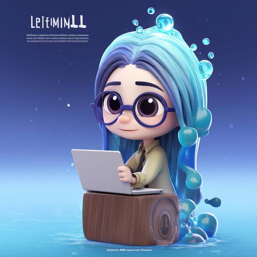 character, 3D, (chibi bighead cute), (woman made of water), (humanized water), Pixar style, (water girl), (smilling), office staff, (long hair), (round glasses), glasses, (long blue hair), cartoon, (AN text in her shirt), (3D cartoon), (water), (water) --upbeta --s 750 --v 5