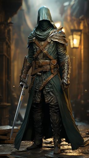 character A Paladin swordsman, proud, standing with head held high, large doublehanded broadsword strapped on his back, aquiline nose , green jade light lucid eyes, late medieval clothing, tricorn hat in faded leather with a large pheasant feather through the rim, kneesocks, molière shoes, frizzy wild hair meticulously detailed naturally moving, nutbrown complexion, highly detailed realistic skin, peacoat ,(style influenced by Rodney Matthews, Patrick Woodroffe, Brian Froud, Josh Kirby, the fairy feller's master stroke, arthur rackham, grimm's Tales) anatomically correct, anatomical proportions correct, all body parts visible,epic perspective, edge lighting, rear lighting, ambient lighting,volumetric light, raytraced reflection refraction and gleam, octane render, cinematic lighting, cinematic detail, composition, photorealistic, render in unreal engine 5, 8k render, rule of thirds, dark fantasy scene, --ar 9:16 --s 750