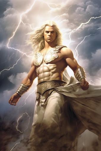 character, Brad Pitt as young Zeus, greek god Zeus, Brad Pitt young, handsome, perfect fit body, blonde long hair, lighting bolt in his hand, thunder lighting, cloudy background, silver and gold greek himation, ancient greek ornate, fashion design --ar 2:3 --v 5.1