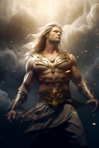 character, Brad Pitt as young Zeus, greek god Zeus, Brad Pitt young, handsome, perfect fit body, blonde long hair, lighting bolt in his hand, thunder lighting, cloudy background, silver and gold greek himation, ancient greek ornate, fashion design --ar 2:3 --v 5.1
