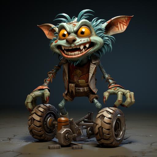 character, Rat Fink caricature, latrodectus clumsily attempting to roller skate, in the art style of Don Bluth Animation and Tex Avery Animation, heavy weathering patina, heavy scratches chips and dings where material is pulled away and weathered underneath, faded and scratched paint, extreme material variation and specular contrast, overlay of heavy ambient occlusion, emissive lighting, burnished and chipped surfaces, black background --v 5.2 --style raw --s 333 --c 11 --weird .33