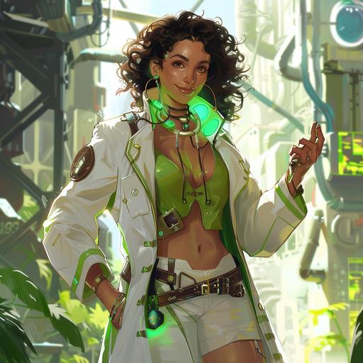 character art female with tan skin and dark curly hair, green and white color clothes, lab coat, solar punk style, outdoor bright background. Starfinder Technomancer, Technology and Magic