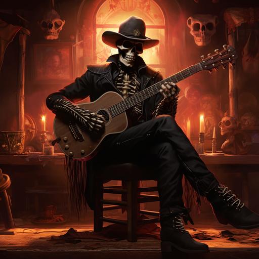 character art, skeleton cowboy dressed all in black, in a Wild West saloon setting, sitting on a stool on a stage with a guitar