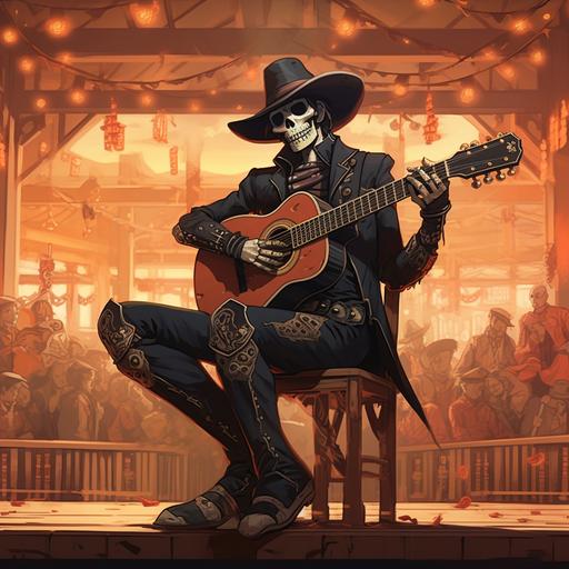 character art, skeleton cowboy dressed all in black, in a Wild West saloon setting, sitting on a stool on a stage with a guitar, Miyazaki style