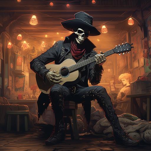 character art, skeleton cowboy dressed all in black, in a Wild West saloon setting, sitting on a stool on a stage with a guitar, style of Akihiro Ota