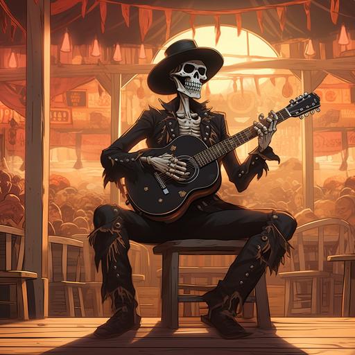 character art, skeleton cowboy dressed all in black, in a Wild West saloon setting, sitting on a stool on a stage with a guitar, Miyazaki style