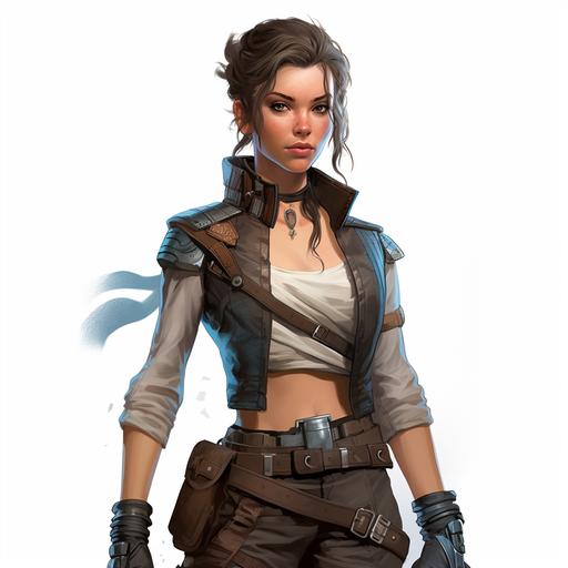 character art, white background, Heterochromia iridum, different iris coloration, blue brown heterochromia, different eye color, different eyes blue brown, vest, balck vest, leather vest, Han Solo vest, Star Wars character image, female, woman, shirt vest trousers and leather jacket, mohawk, 22 years old, but she can easily be considered younger, short and slim, thin and boyish, heart-shaped face, fair skin and freckles, dark red short uneven hair, heterochromia blue brown, different colored eyes, cream shirt with wide sleeves gathered at the cuffs, a leather vest providing minimal protection, and in colder regions he also throws on a leather jacket lined with sheepskin, Tight trousers/leggings tucked into mid-calf shoes with a low, square heel. The whole is complemented by a belt with a blaster and a wallet attached on the other side with basic items such as credits, steampacks and the like