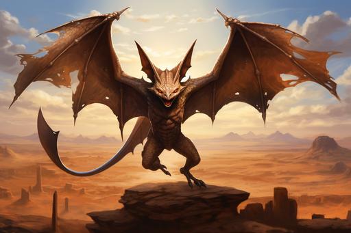 character bat/dragon hybrid with two legs. desert background. trading card art. --ar 3:2