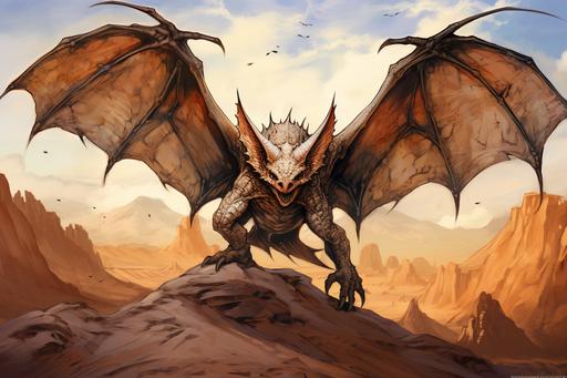 character bat/dragon hybrid with two legs. desert background. trading card art. --ar 3:2