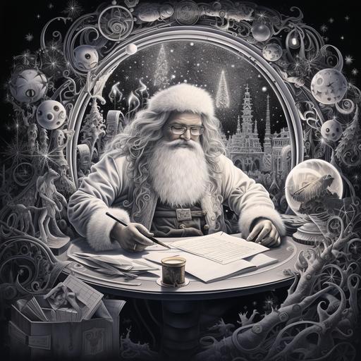 character, black and white drawing of Santa Claus, wearing a suit from the 
