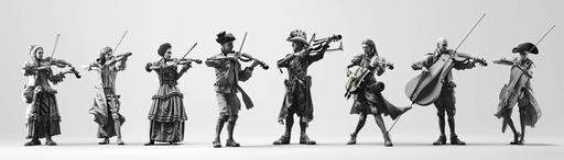 character, clipart, black and white, several musicians in rich renaissance and baroque clothes, holding musical instruments such as violin, gamba, harp, baroque trumpet and recorders, white background, skin texture, dynamic pose, feeling, full body render, detailed image, close up photo, 8K --ar 7:2 --v 6.0