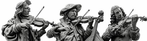 character, clipart, black and white, several musicians in rich renaissance and baroque clothes, holding musical instruments such as violin, gamba, harp, baroque trumpet and recorders, skin texture, dynamic pose, feeling, full body render, detailed image, close up photo, 8K --ar 7:2 --v 6.0