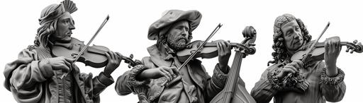 character, clipart, black and white, several musicians in rich renaissance and baroque clothes, holding musical instruments such as violin, gamba, harp, baroque trumpet and recorders, skin texture, dynamic pose, feeling, full body render, detailed image, close up photo, 8K --ar 7:2 --v 6.0
