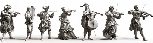 character, clipart, black and white, several musicians in rich renaissance and baroque clothes, holding musical instruments such as violin, gamba, harp, baroque trumpet and recorders, white background, skin texture, dynamic pose, feeling, full body render, detailed image, close up photo, 8K --ar 7:2 --v 6.0