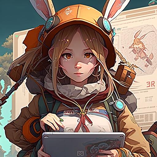 game character, compass, game assets, 2d game, cinematic lighting, designed, pc game, beautiful girl, manga, unreal, 64k, enhanced, intricate pixel art, rabbit hat and mysterious compass.