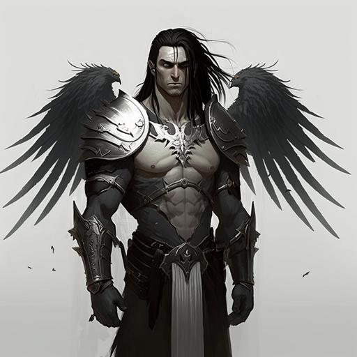 character concept, D&D aasimar male, pale gaunt features, blackmetal plate armour, black halo, silver eyes, grave domain cleric, follower of Kelemvor, long black hair