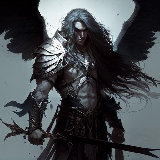 character concept, D&D fallen aasimar male, pale gaunt features, blackmetal plate armour, black halo, silver eyes, grave domain cleric of kelemvor, long hair, wielding a black shield and sword