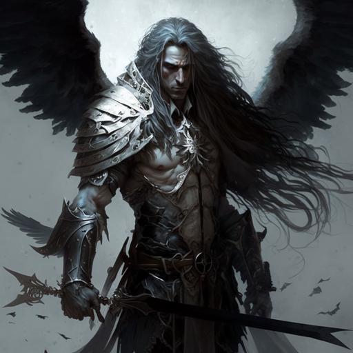 character concept, D&D fallen aasimar male, pale gaunt features, blackmetal plate armour, black halo, silver eyes, grave domain cleric of kelemvor, long hair, wielding a black shield and sword