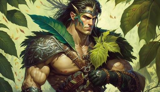 character concept a metrosexual male warrior, with a sword made of recycled corn husks, and armor made of leaves about to leave his medieval village on a quest, comedy style of (Artgerm, Clyde Caldwell), --ar 16:9 --c 75 --s 650 --v 4