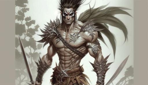 character concept a metrosexual male warrior, with a sword made of recycled corn husks, and armor made of leaves about to leave his medieval village on a quest, comedy style of (Artgerm, Clyde Caldwell), --ar 16:9 --c 75 --s 650 --v 4