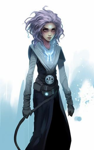character concept-art, full-body, space opera setting, youngling, minor, young woman, girl, teenager, upright posture,  , Star Wars character art, original character art, Jedi young adept, Teenage buddhist like character, alien teenager, Skinny girl with smooth firm blue skin, large blue sad eyes, wavy tendrils like ribbons instead of hair, humanlike alien,, very young, full - body image, science fiction, flat colors, no shade, water paints, water colors, aquarelles, full-body, hyper-realistic, hyper-detailed, 8k, full-body artwork, details, realistic --s 250 --ar 10:16 --v 5.1