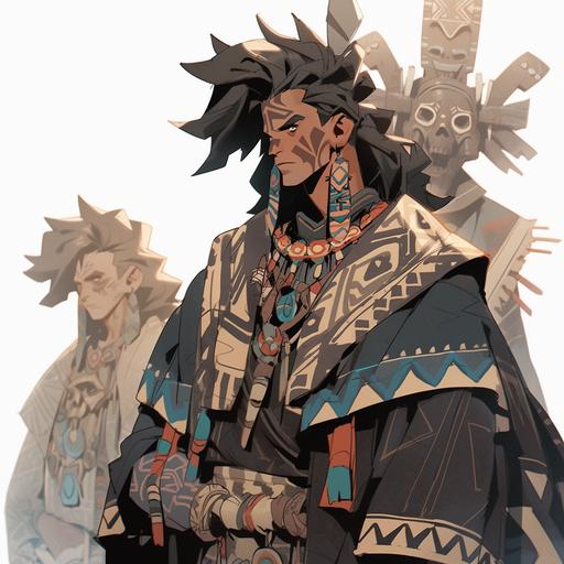 character concept, aztec king, anime, obsidian mirror, tim burton, modern gothic fashion, whimsical, fable, full body, style expressive, in Nicholas Kole style --niji 5 --s 250