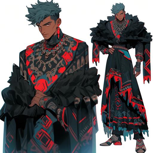 character concept, aztec king, anime, obsidian mirror, tim burton, modern gothic fashion, whimsical, fable, full body, style expressive, in Nicholas Kole style --niji 5 --s 250