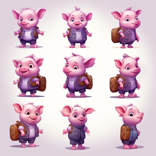 character concept, character sheet, little purple piglet character, cartoon style, all emotions, all angles, full body angles, just face all angles, with backpack