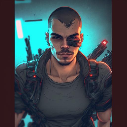 character concept design, full-body art, HD, high definition, high detail, man,cyberpunk style, holding a pistol, and smiling,soldier, carrying rifle on back, using, night vision goggles, sniper, red 