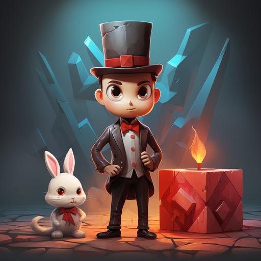character concept development, character in game, cube man, square head, magician with rabbit
