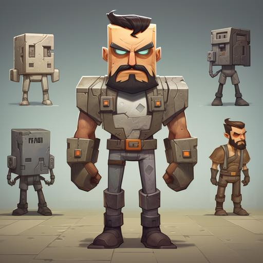 character concept development, game character, cube man, square head, superhero