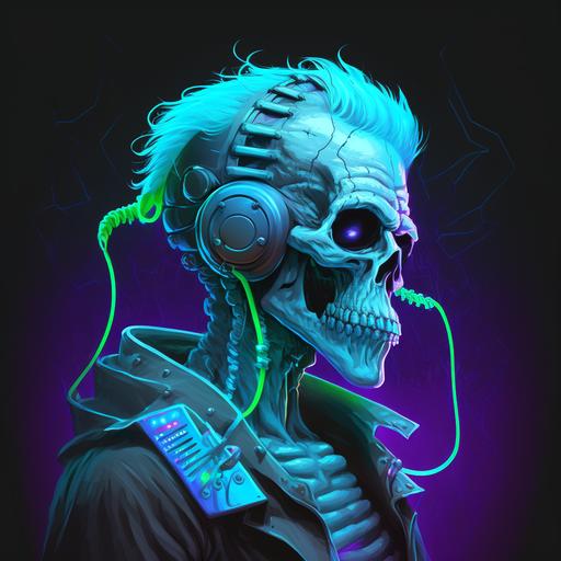 character concept of a neon lich wearing head phones, 1980s rock style, neon blue and greens